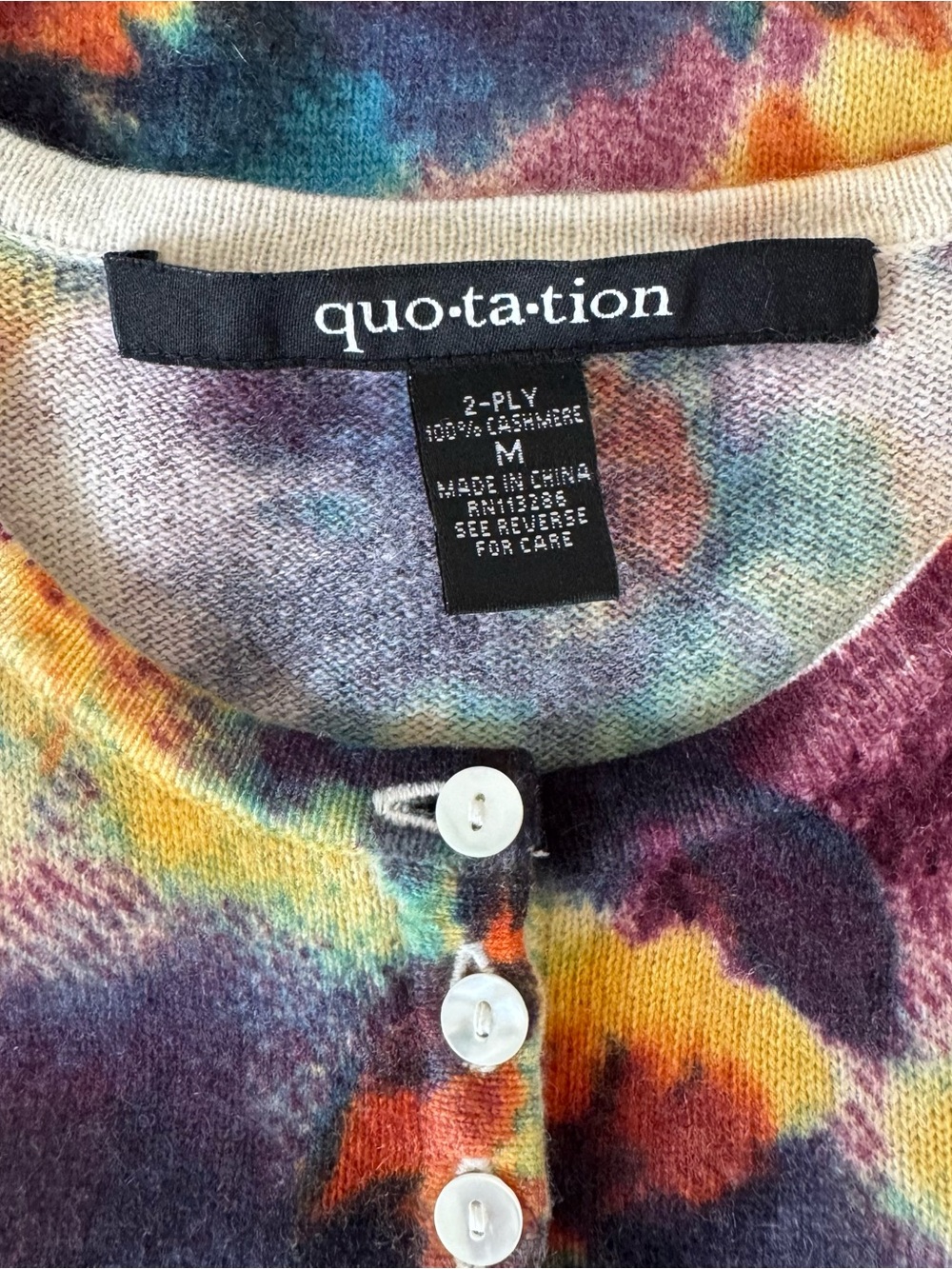 Quotation Rainbow Watercolor Fall Colors 2-Ply Cashmere Cardigan, Size M - Picture 13 of 13